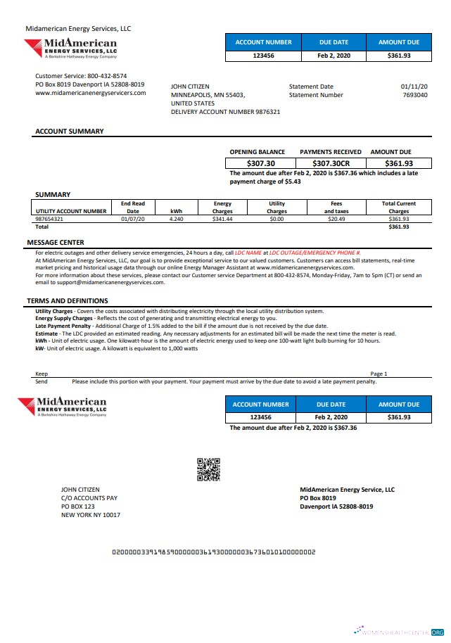 download USA Iowa MidAmerican Energy Services utility bill template in Word and PDF format PDF template